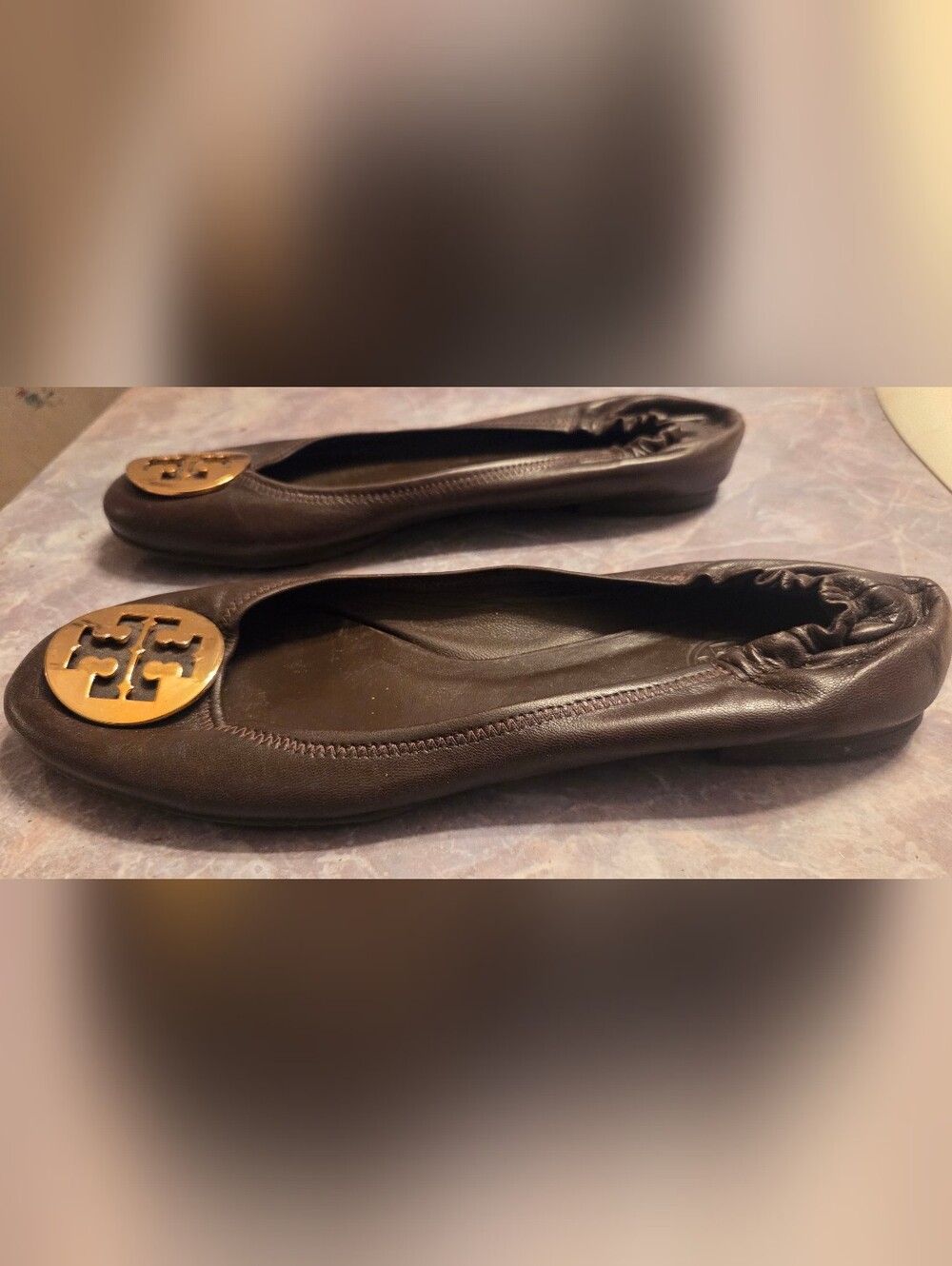 Tory Burch Brown Leather Logo Ballet Flats - Picture 4 of 6